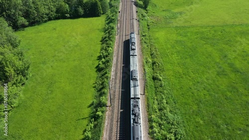 Aerial view of a passenger train, western railway line near Straßwalchen, Salzburg, Austria, Europe
