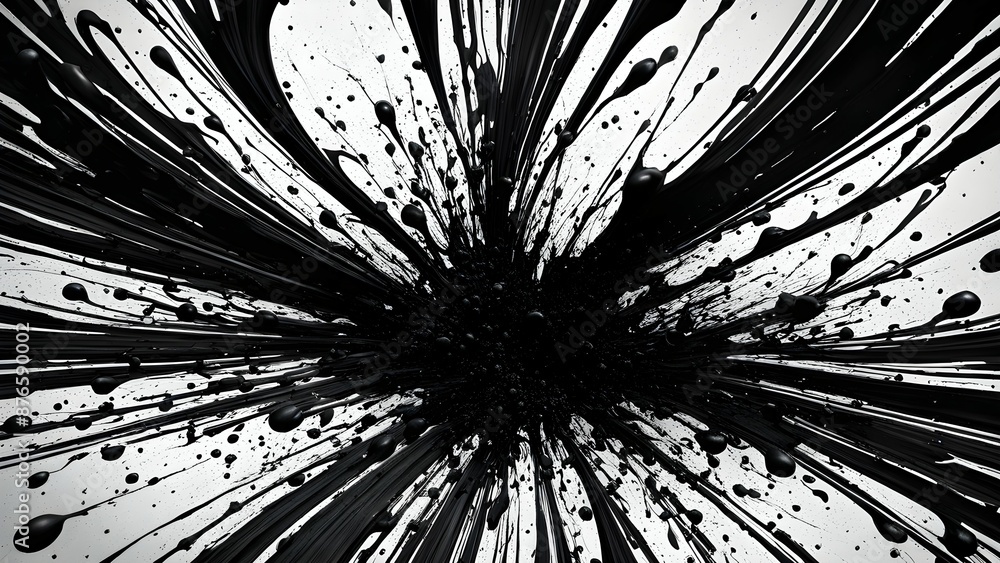 Black and white abstract painting with a burst of black paint and droplets Black and white abstract painting with a burst of black paint and droplets
