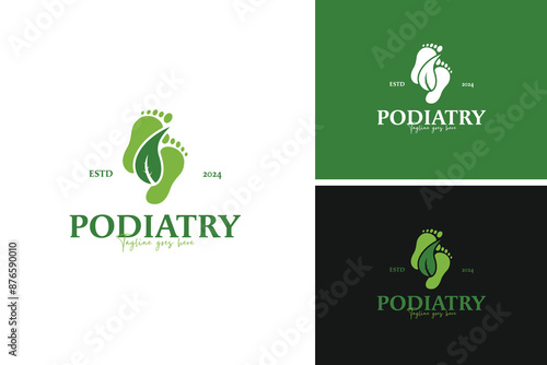 Podiatry natural footprint and leaves logo design vector illustration template idea