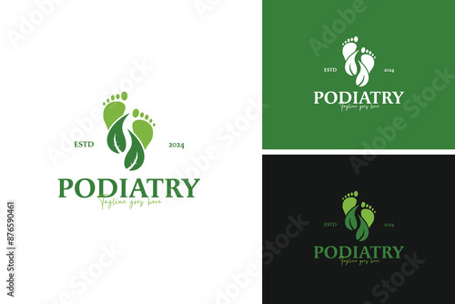Podiatry natural footprint and leaves logo design vector illustration template idea