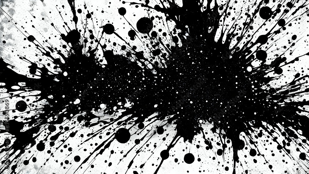 Black and white paint splatter with a large central void Black and white paint splatter with a large central void