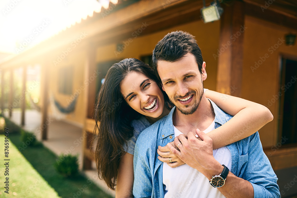 Smile, couple and portrait with hug outdoor of new house, apartment and joy for property ownership with love. Man, woman and together by home for bonding or affection, care and safety with commitment Smile, couple and portrait with hug outdoor of new house, apartment and joy for property ownership with love. Man, woman and together by home for bonding or affection, care and safety with commitment