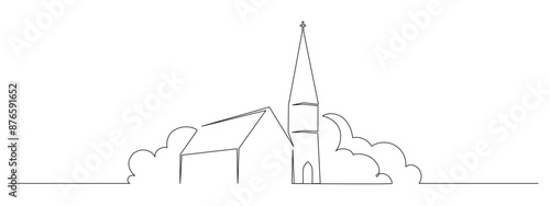One continuous line drawing of church building with chapel. Catholic and christian house symbol in simple linear style. Vintage religion cathedral in editable stroke. Doodle vector illustration