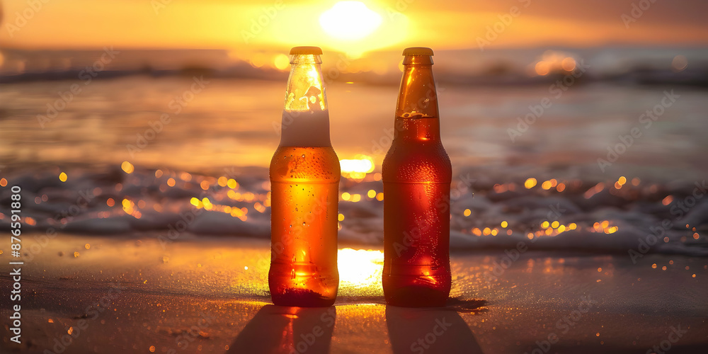 Two beer bottles on a sandy beach at sunset, waves crashing in the background. Perfect for summer relaxation and refreshment themes. Two beer bottles on a sandy beach at sunset, waves crashing in the background. Perfect for summer relaxation and refreshment themes.