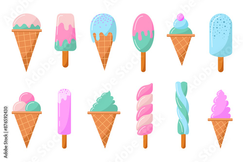 Ice cream set in pastel colors. Sweet food collection. Summer vector illustration.