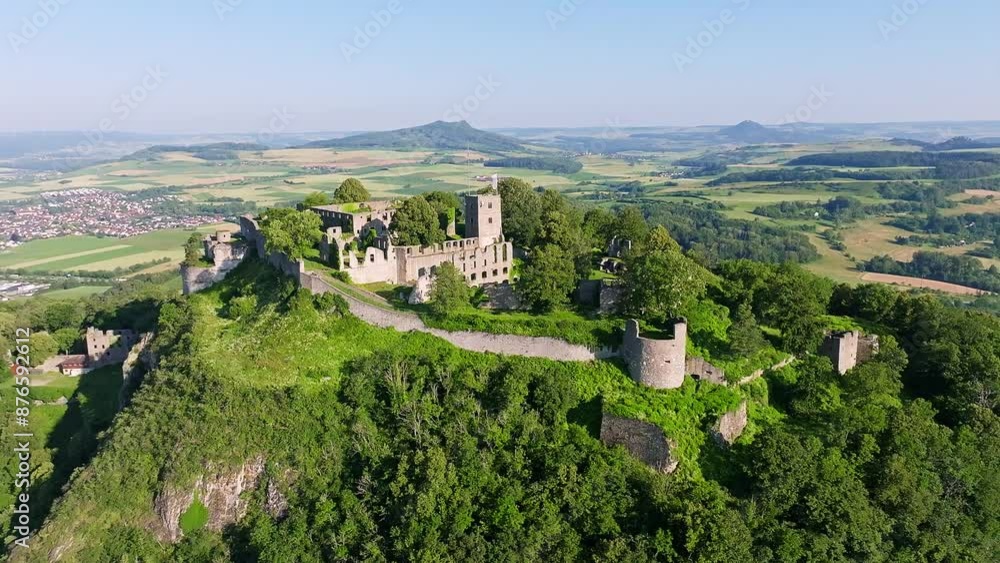 Aerial view of the volcanic cone Hohentwiel with Germany's largest fortress ruins, on the horizon the Hohenstoffeln and Hohenhewen, district of Constance, Baden-Württemberg, Germany, Europe