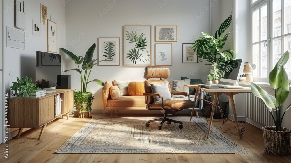 Fototapeta premium Scandinavian workplace interiors are simple, functional, and cozy. Featuring light colors, natural materials, and minimal decor, they create inviting and efficient workspaces. 