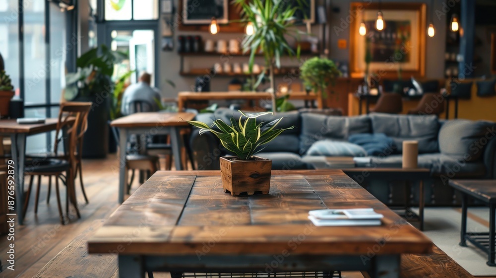 Obraz premium Create a warm and inviting rustic workplace interior with natural wood and stone materials, handcrafted furniture, cozy textiles, and earthy color palettes.