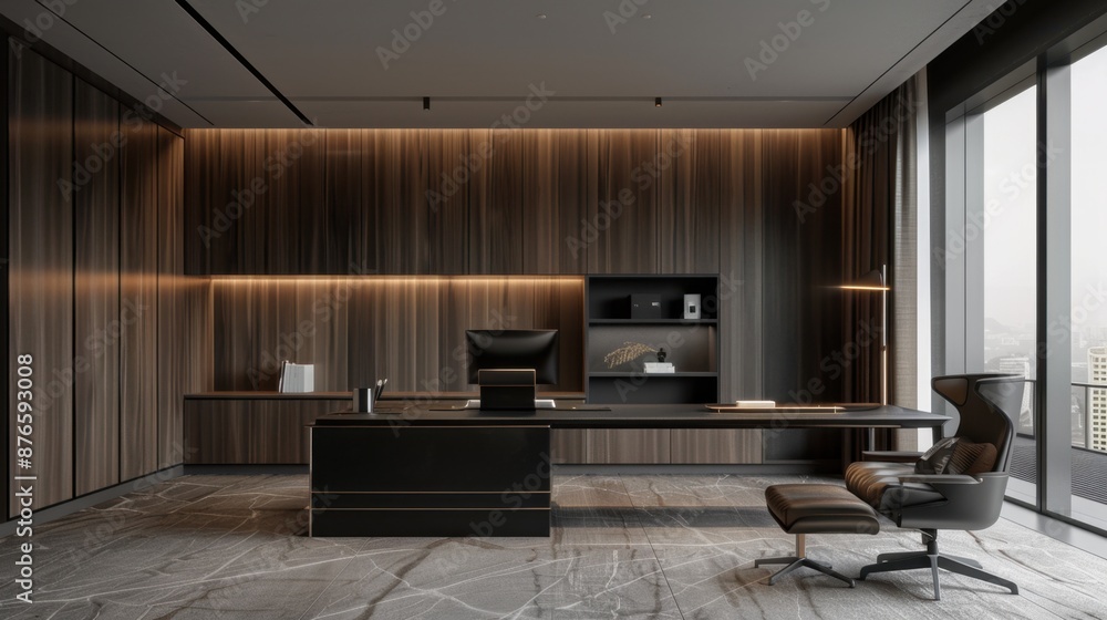 Fototapeta premium A minimalist workplace interior style emphasizes simplicity and functionality with neutral colors, open spaces, simple furniture, and a clutter-free environment. 
