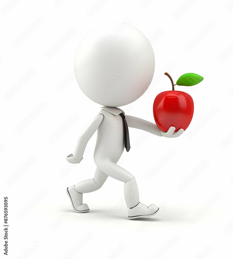 3D white character carrying a red apple with a green leaf, representing health, nutrition, and a healthy lifestyle. 3D white character carrying a red apple with a green leaf, representing health, nutrition, and a healthy lifestyle.