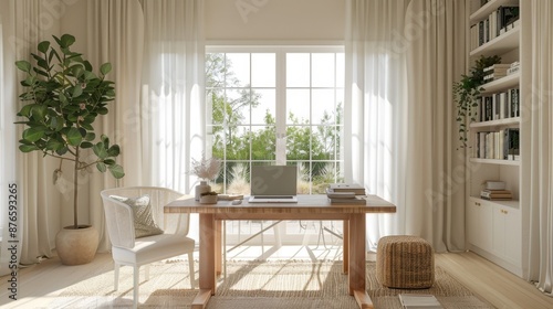 Scandinavian home office interiors are light and airy, emphasizing functionality with natural materials, clean lines, and a neutral palette, accented by soft pastels. 