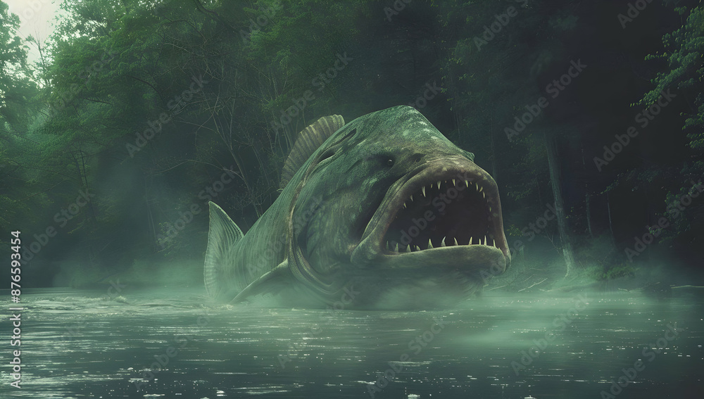 Obraz premium A terrifying giant fish monster emerging from the misty water in a dark, eerie forest scene, creating a sense of suspense and danger.