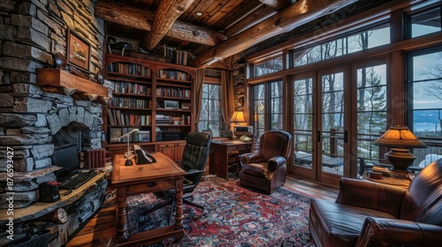 Wallpaper Mural Rustic home office interior styles: Warm and cozy, featuring natural materials like wood and stone, along with earthy colors and comfortable, overstuffed furniture.
 Torontodigital.ca