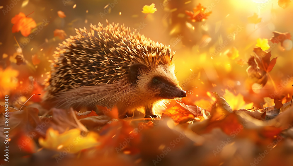 Close-up of a hedgehog amidst colorful fall leaves, basking in the warm, golden autumn sunlight. Perfect for nature and wildlife themes. Close-up of a hedgehog amidst colorful fall leaves, basking in the warm, golden autumn sunlight. Perfect for nature and wildlife themes.