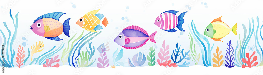 Naklejka premium A colorful fish swimming in a blue ocean with other fish in the background. Watercolor painting style.