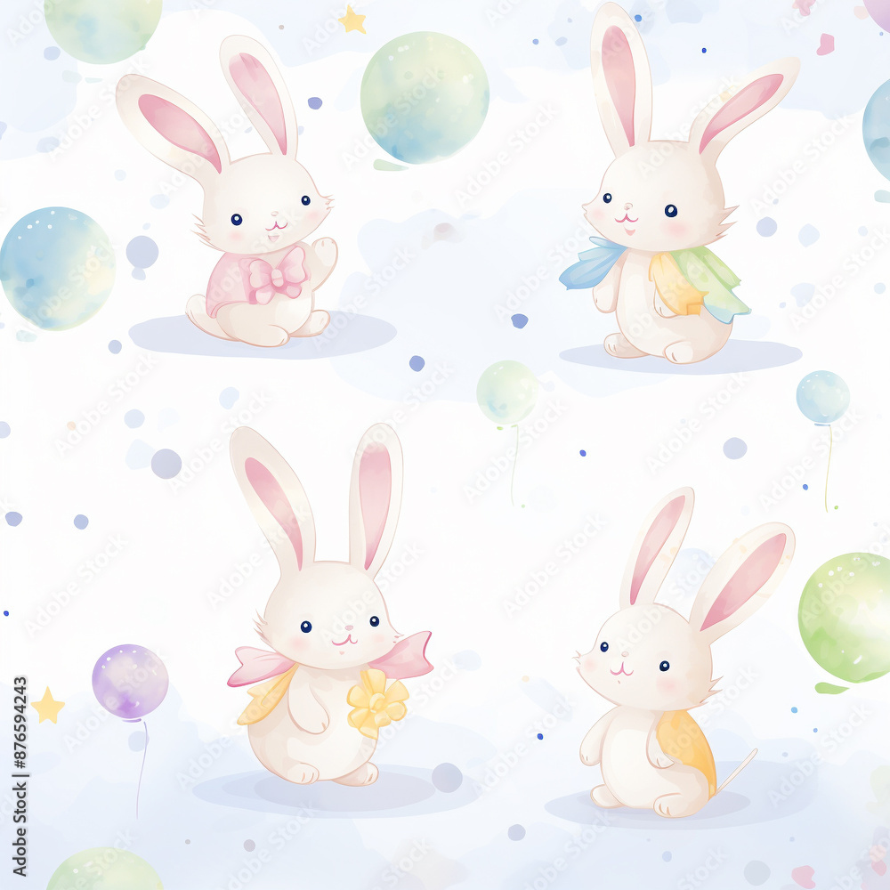 The rabbits are wearing different colored bows and are smiling. Watercolor painting style. The rabbits are wearing different colored bows and are smiling. Watercolor painting style.
