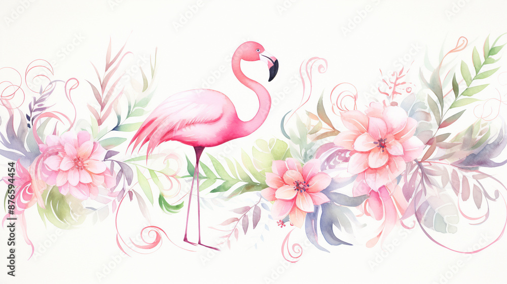 A pink flamingo is standing in front of a flowery background. Watercolor painting style. A pink flamingo is standing in front of a flowery background. Watercolor painting style.
