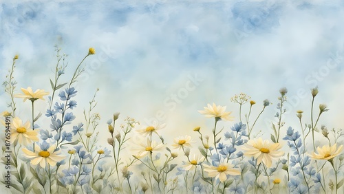 Watercolor Wildflowers in Soft Pastel Colors with a Blue Sky Background © rizkan
