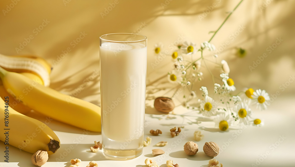 Fresh banana smoothie in a glass surrounded by bananas and flowers, creating a bright and healthy breakfast scene. Fresh banana smoothie in a glass surrounded by bananas and flowers, creating a bright and healthy breakfast scene.