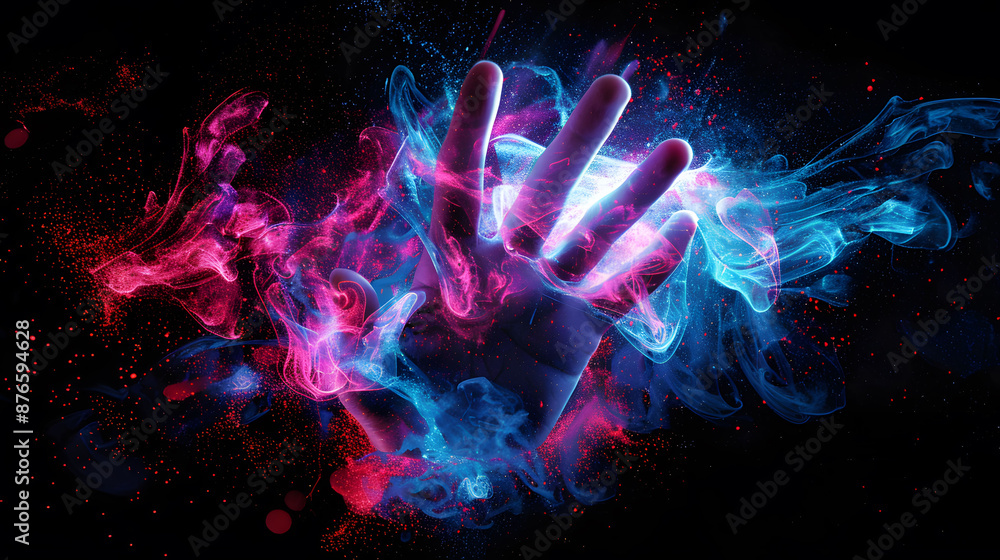 Obraz premium An open hand sticks out into the picture and color smoke fly out of it, dark background