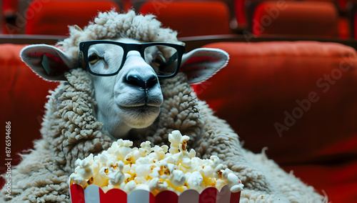 Funny sheep wearing glasses and eating popcorn in a theater, humor concept, cinema enjoyment, quirky animal behavior. photo