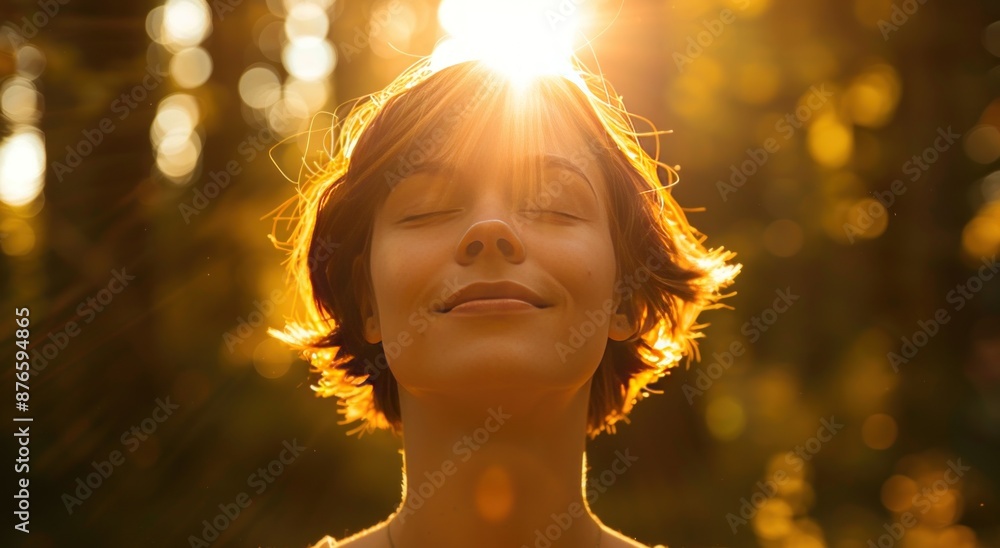 Woman with Closed Eyes in a Sunlit Forest Woman with Closed Eyes in a Sunlit Forest