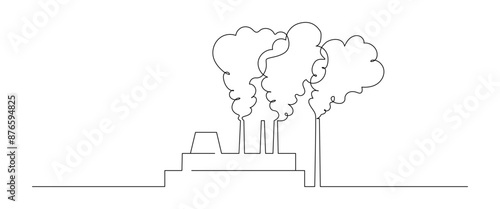 One continuous line drawing of factory Industrial plant. Abstract cooling towers of power station symbol in simple linear style. Editable stroke. Doodle monoline vector illustration