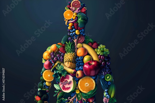 Human silhouette composed of diverse fruits and vegetables depicting concepts of health, nutrition, and wellness against a dark background.