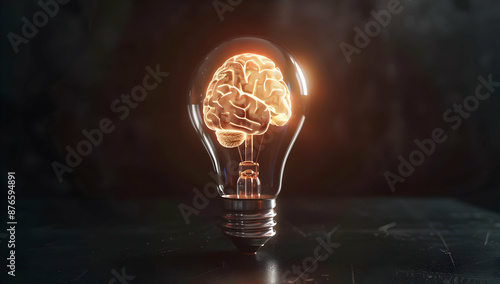 Illuminated brain inside a light bulb symbolizing innovation, creativity, and intellectual ideas on a dark, moody background.