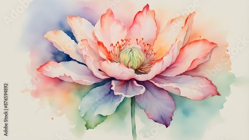 Delicate watercolor illustration of a pink poppy flower in full bloom with intricate petals and a soft pastel background.