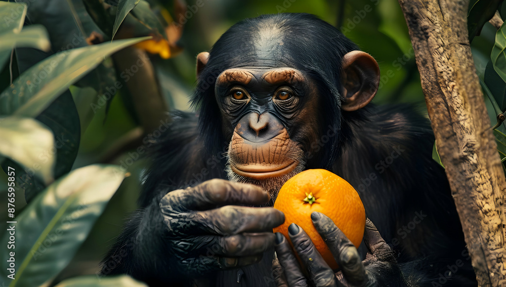 Young chimpanzee holding an orange in lush green forest setting, showcasing interaction with nature and wildlife. Young chimpanzee holding an orange in lush green forest setting, showcasing interaction with nature and wildlife.
