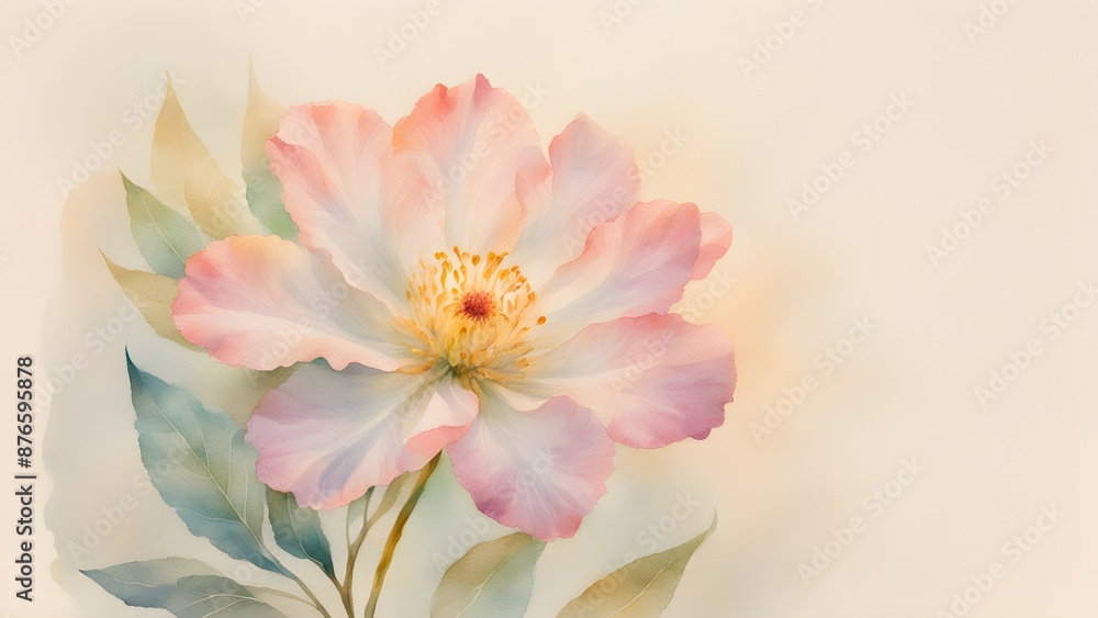 Watercolor painting of a delicate pink peony flower in full bloom with soft green leaves on a beige background. Watercolor painting of a delicate pink peony flower in full bloom with soft green leaves on a beige background.