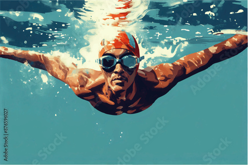 Illustration of a swimmer wearing goggles and a swim cap underwater in a swimming pool