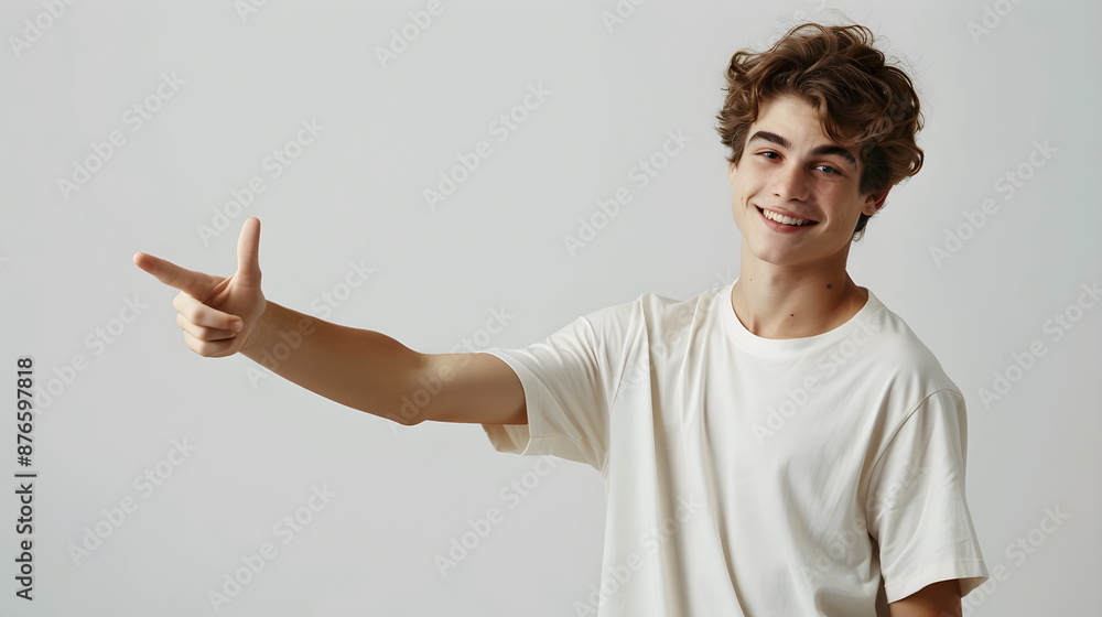 Young handsome man over isolated white background wearing a white t-shirt pointing to the side with his index finger on white copy space, for your advertising to present the product. Young handsome man over isolated white background wearing a white t-shirt pointing to the side with his index finger on white copy space, for your advertising to present the product.
