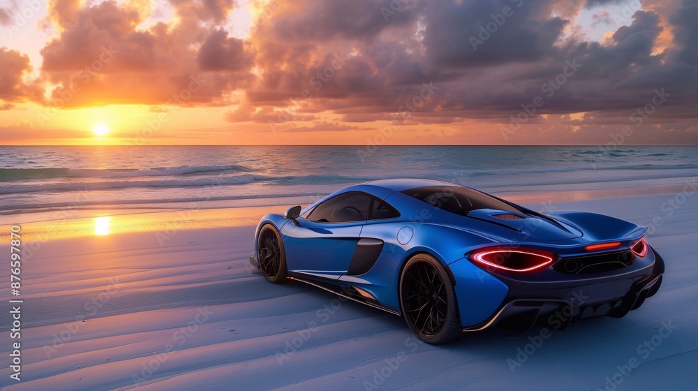 Modern exotic electric sport car on the empty sunset beach. Nature beauty meets modern technologies. Generative ai Modern exotic electric sport car on the empty sunset beach. Nature beauty meets modern technologies. Generative ai
