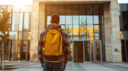 back view student with yellow backpack stay before the school or university main entrance with opened doors. Generative ai