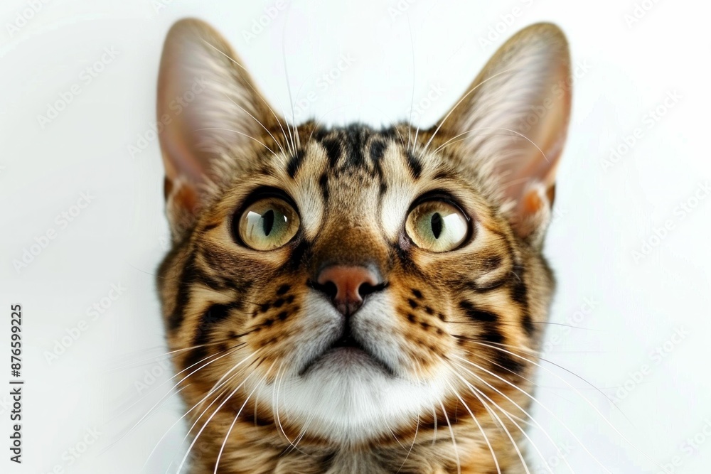 Close up portrait of a stunning bengal cat with big green eyes on a white background as a symbol of beauty and elegance Close up portrait of a stunning bengal cat with big green eyes on a white background as a symbol of beauty and elegance