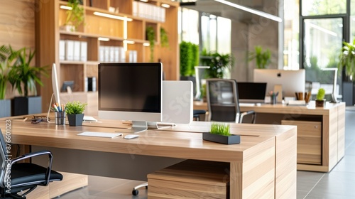 Fototapeta Naklejka Na Ścianę i Meble -  Modern open office space with wooden desks, computer monitors, and green plants, creating a clean and productive work environment.