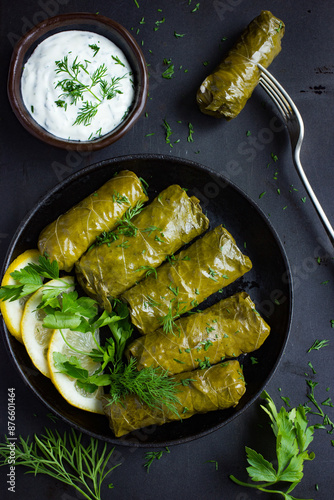 Dolma, stuffed grape leaves with rice and meat