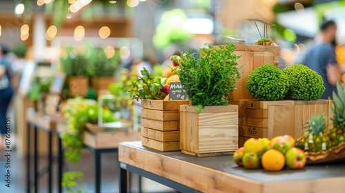 Fresh herbs and fruits displayed in wooden crates at a vibrant indoor market. Greenery and produce create a lively ambiance. © WACHI