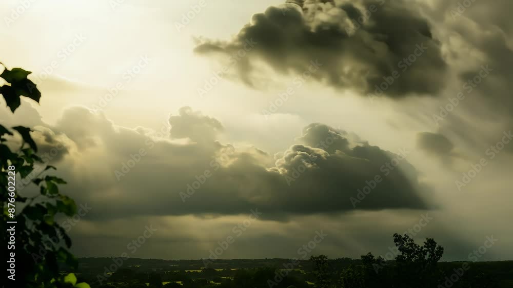 Turbulent gray clouds dominate a sweltering summer sky. Sunbeams pierce through, illuminating the landscape below. Leaves in foreground hint at unseen trees. Heavy atmosphere suggests impending storm. Turbulent gray clouds dominate a sweltering summer sky. Sunbeams pierce through, illuminating the landscape below. Leaves in foreground hint at unseen trees. Heavy atmosphere suggests impending storm.