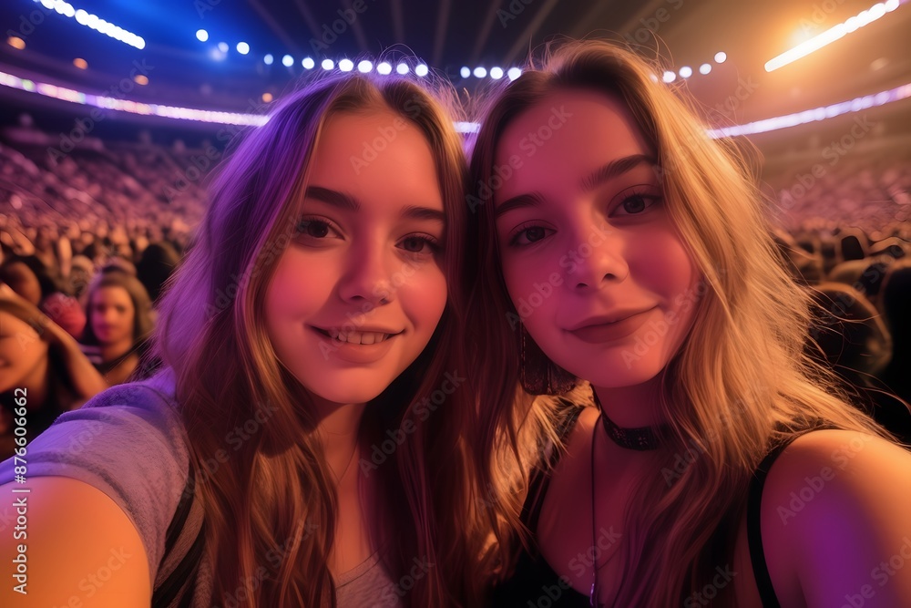 Selfie image of two young women at a concert in a giant indoor arena. Selfie image of two young women at a concert in a giant indoor arena.