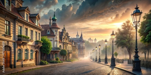 Nostalgic portrayal of tranquil morning street scene, adorned with Rococo-style details, under cloudy sky with subtle mist, creating sense of serenity., rococo, baroque