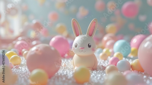 Whimsical Easter Bunny Celebration in Pastel Hues - 3D Rendering with Soft Light and Depth of Field From a Bird's Eye View © Chiradet