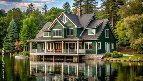 dark green modern cottage style lake house, dark, lake, style, cottage