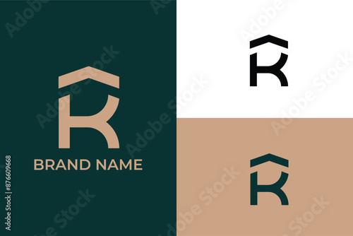 initial letter K upward arrow modern iconic elegant business logotype, letter RK KR home roof modern construction and real estate logo