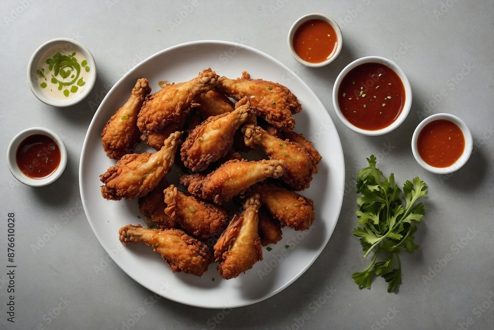 an overhead shot of a plate with crispy baked chicken wings, served with a side of dipping sauce an overhead shot of a plate with crispy baked chicken wings, served with a side of dipping sauce