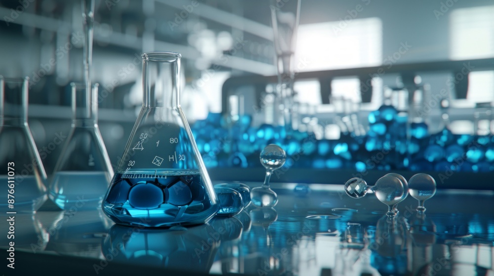 Scientist in laboratory analyzing blue substance in beaker, Generative Ai. Scientist in laboratory analyzing blue substance in beaker, Generative Ai.