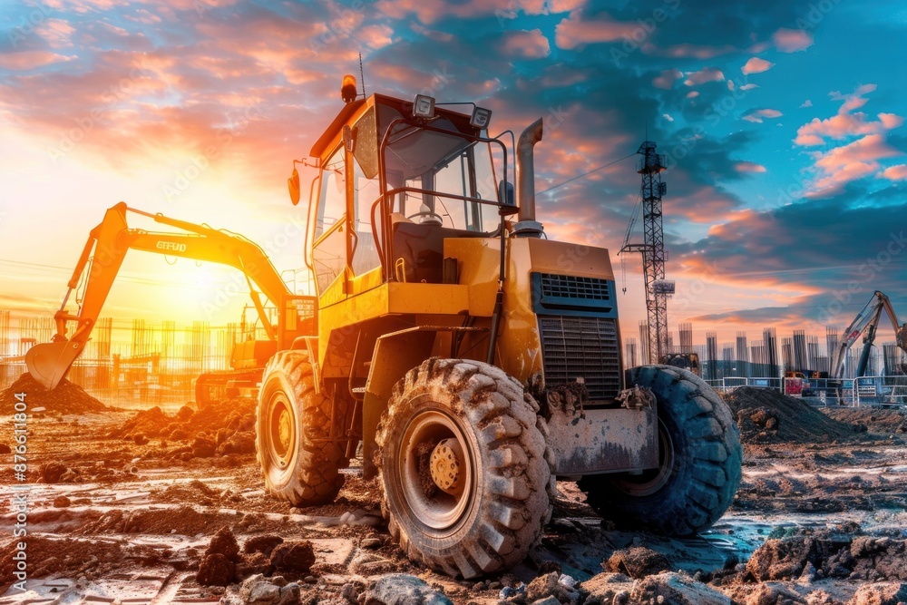 Heavy Machinery at Sunset on a Construction Site Heavy Machinery at Sunset on a Construction Site