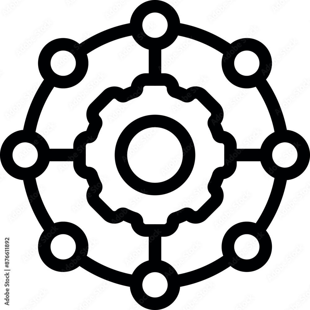 This icon represents the concept of network automation with a central gear connecting to different nodes This icon represents the concept of network automation with a central gear connecting to different nodes
